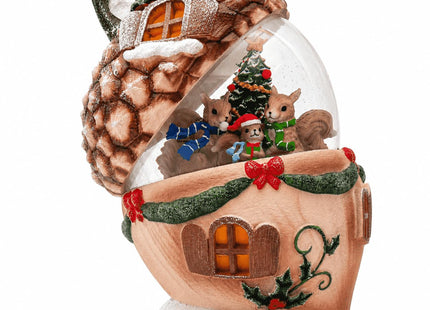 Christmas Pinecone Snow Globe Lantern with 6 Hours Timer, 3 AAA Battery Operated Glittering Water Globe, Lighted Squirrel Family Snow Globes for Xmas Mantel Tabletop Shelf Holiday Decorations Gifts