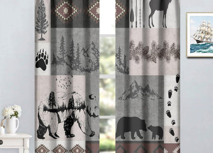 Rustic Bear Moose Deer Curtains, Retro Pine Tree Cabin Country Lodge Camping Window Treatments Vintage Tribal Aztec Abstract Geometric Blackout Window Drapes for Bedroom Living Room 42x45in