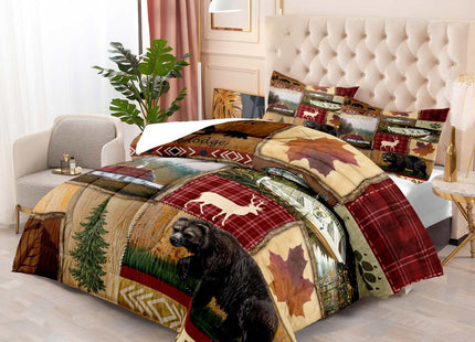 LUVIVIHOME 2PCS Cabin Comforter Set Twin Size, Bear Fish Deer Elk Moose Forest Animal Wildlife Hunting Fishing Red Buffalo Plaid Patchwork Quilt Country Lodge Rustic Farmhouse Bedding, 1 Pillow Sham