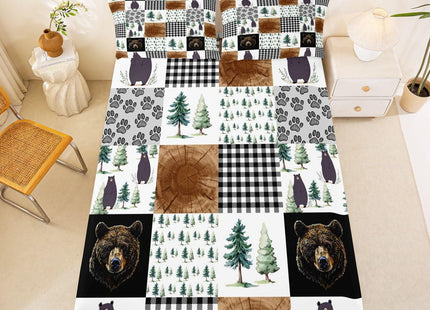 Kids Rustic Black Bear Bed Sheets Twin Woodland Animal Fitted Sheet For Boys Teen Men,Patchwork Black White Grey Buffalo Plaid Sheet Set Farmhouse Wooden Pine Tree Bear Paw Flat Sheet 3 Pcs