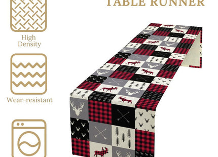 Cabin Retro Rustic Lodge Table Runner Deer Country Hunting Wild Animal Plaid Check Kitchen Dinner Runner for Indoor Home Living Room Party Dining Table Decoration 13"x120"