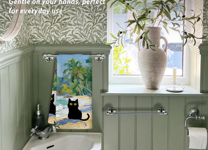 NEFMGEG Black Cat Kitchen Towels, Coastal Beach Black Cats Decor for Kitchen Bathroom Home, Cute Hand Towels Dish Towels, Waffle Weave Microfiber,16×24 Inches