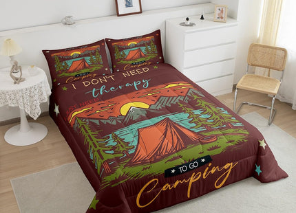 Erosebridal Rustic Camper Comforter Set Twin for Kids Adults,Camping Tent Bedding Set Retro Adventure Room Decor,Mountain River Pine Tree Comforter Set Nature Scene Quilt Bed Set with 1 Pillow Case