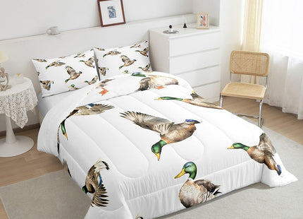 Feelyou Mallard Duck Bedding Set Hunting and Fishing Comforter Set Wild Animal Comforter for Boys Girls Kids Wildlife White Duvet Set Twin Size with 1 Pillow Case