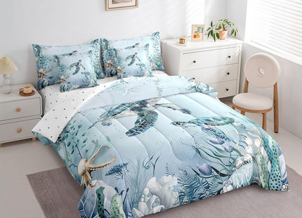 Sea Turtle Comforter Set 7 Piece Bed in a Bag Twin,Teal Blue Ocean Beach Coastal Bedding Set Starfish Octopus Tentacles Sheet Sets with Comforter Creature Coral Bed Set,Kawaii Fish Room Decor