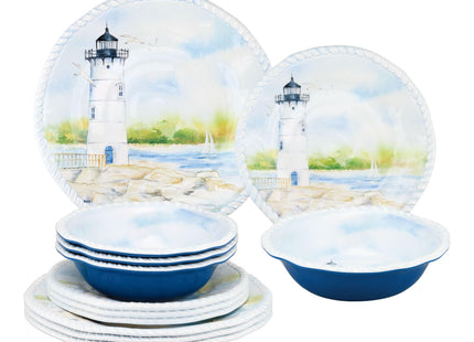 UPware 12 Piece Coastal Lighthouse Melamine Dinnerware Sets, Outdoor Dishes Set, Plates and Bowls Sets, Service for 4, Blue
