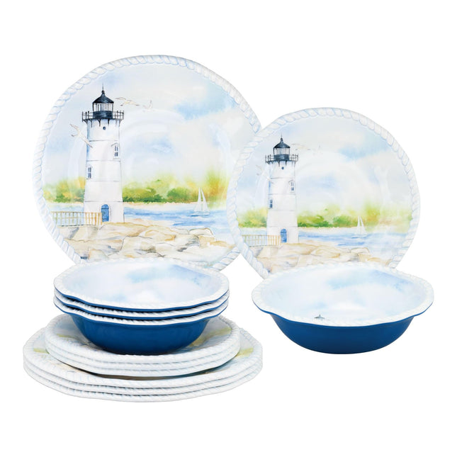 UPware 12 Piece Coastal Lighthouse Melamine Dinnerware Sets, Outdoor Dishes Set, Plates and Bowls Sets, Service for 4, Blue