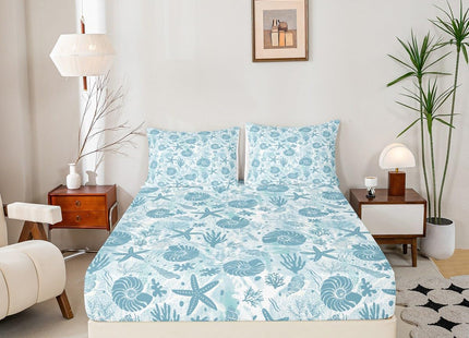 Seashell Conch Starfish Coral Fitted Sheet Queen Size,Coastal Ocean Beach Bedding Set 3Pcs,Underwater Life Print Bed Sheet Navy Blue Tie Dye Deep Pocket Sheet for Kids Teens Adult Bedroom Decor