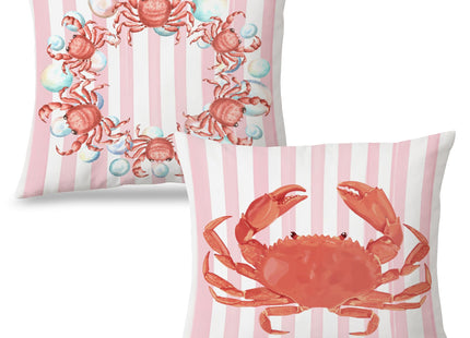 Exqcom Coastal Red Crab Pillow Covers 18x18 Set of 2, Nautical Coastal Red Crab Bubbles Pink White Striped Throw Pillow Covers for Beach House Home, Preppy Beach Room Decor