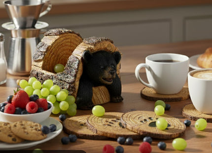 Black Bear Rustic Log Coaster Set - Drink Holders for Home Decor - Bear Print Cabin Coasters