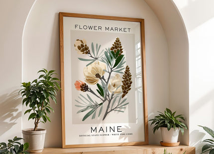 GroovyGrove Maine Flower Market Poster Wall Art Prints, Abstract US States Flower Wall Art, Neutral Botanical Wall Art Decor for Bedroom, Living Room (Unframed)