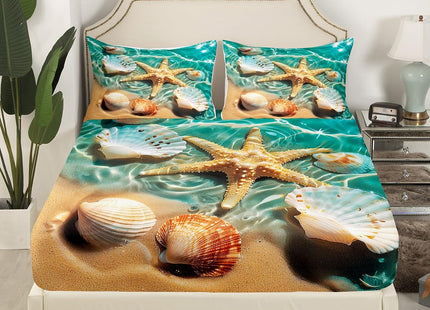 Ocean Bedding Set Beach Themed Sheet Set Teal Blue Ocean Sea Life Pattern Coastal Bed Sheet Sets Twin for Boys Girls 1 Starfish Flat Sheet - 1 Shell Fitted Sheet - 1 Pillowcase (Beach, Twin)