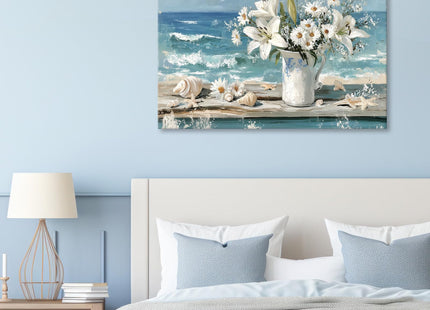 Blue Ocean Beach Bathroom Decor Wall Art, Starfish with White Flower Picture Canvas Prints Modern Coastal Seascape Painting Framed Seaside Seashell Floral Artwork for Beachy Home Decoration 12x18inch