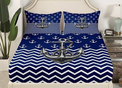 Nautical Anchor Sheet Set Twin Size Navy Blue White Geometric Stripes Bedding Set 3Pcs Kids Boys Teens Room Decor Abstract Ocean Waves Bed Sheet Sea Adventure Fitted + Flat Sheet,1 Pillowcase