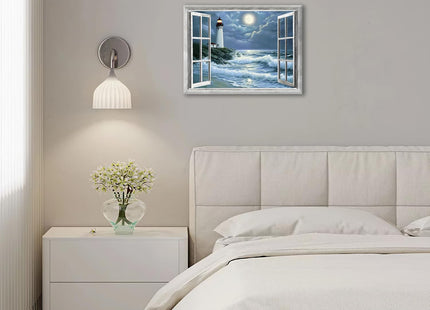 Lighthouse Nautical Wall Art Coastal Beach Pictures Wall Decor Ocean Canvas Prints Window Decorations Painting Framed Artwork Office Home Decor For Bathroom Bedroom Dining Living Room 16"x12"