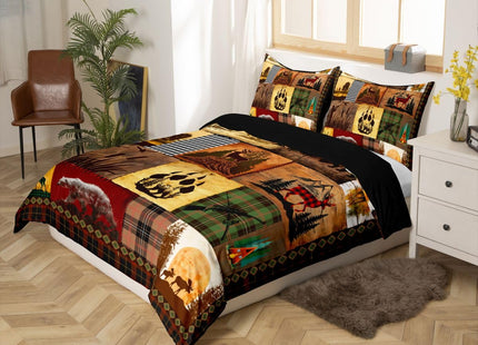 Rustic Cabin Lodge Bedding Set Patchwork Duck Bear Deer Moose Comforter Cover Twin For Adults Men Retro Farmhouse Buffalo Plaid Duvet Cover Hunting Woodland Wildlife Animal Bed Set 1 Pillow Case