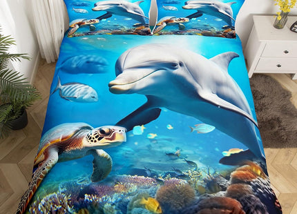 Erosebridal Dolphin Duvet Cover Twin Sea Turtle Bedding Sets Underwater World Fish and Coral Reef Comforter Cover Marine Ocean Theme Quilt Cover 2 Piece with 1 Pillowcase for Kids Teens, Blue