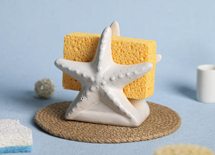Bicuzat Ceramic White Starfish Sponge Holder for Kitchen Sink, Compact Sink Caddy Organizer, Scouring Pad and Dish Sponge Holder
