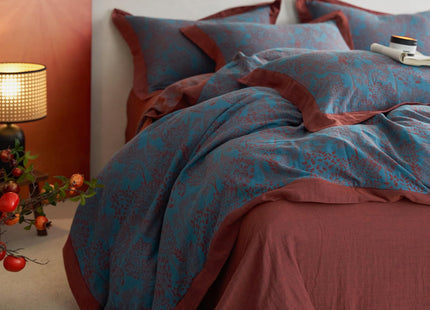 VM VOUGEMARKET Blue Red Duvet Cover Queen,3 Pieces Retro Jacquard Forest Theme Tree Leaves Bedding Set,Linen Cotton Yarn-Dyed Textured Duvet Cover with Zipper Closure