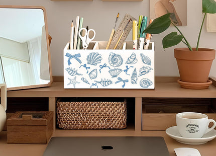 LIANGW Blue Preppy Beach Pen Pencil Holder for Desk, Beach Office Decor, Coquette Blue Bow Coastal Seashell Beachy Wooden Box Sign Decorations for Girly Room Bedroom Dorm Office Desk Tabletop