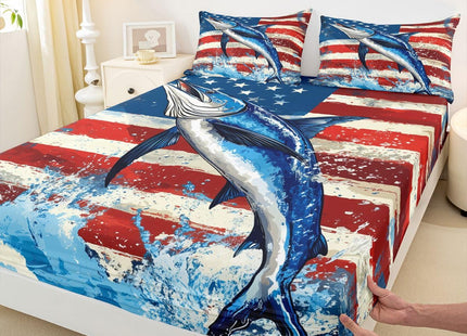 Marlin Swordfish Bed Sheets Boys American Flag Fitted Sheet, Hunting and Fishing Sheet Set for Kids Teens Adult Bedroom Marine Life Ocean Animal Top Sheet with 1 Pillow Case, Blue Red, Twin