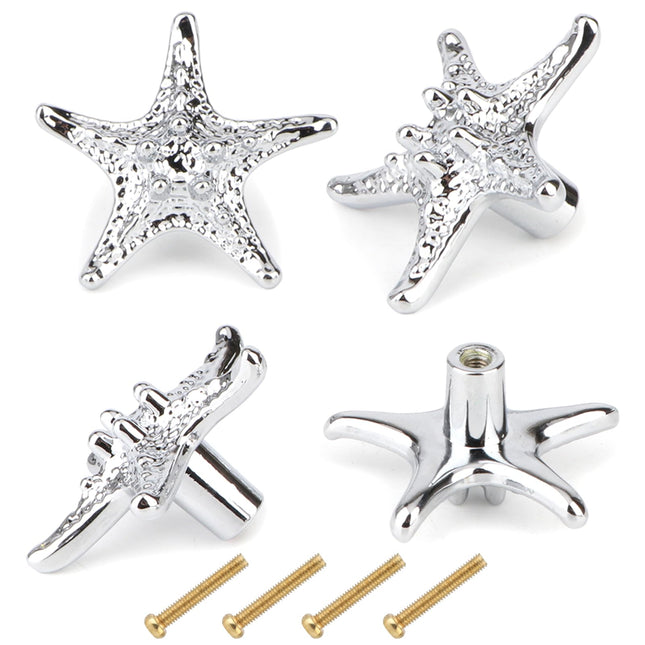 Brosay 4 Pcs Starfish Cabinet Knobs Coastal Nautical Drawer Pulls (Silver)
