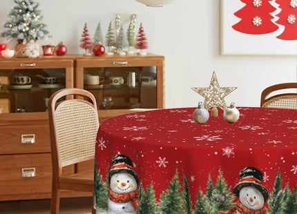 Christmas Snowman Round Tablecloth 60 Inch 100% Polyester Trees Snowflakes