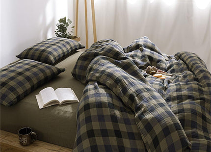 MKXI Queen Triple Gauze Duvet Cover Set 3-Piece Deep Green Blue Plaid Bedding, Rustic Lodge Cabin Linen-Like Breathable Cotton Comforter Cover with Zipper