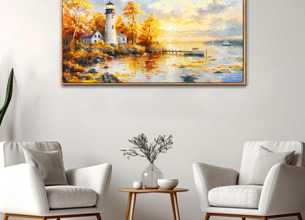 Lighthouse Wall Art,Seaside Birch Tree Landscape Framed Wall Decor 20"X40"