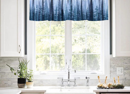 ZhiRain Blue Forest Valance Curtain Coniferous Trees Silhouette Nature Landscape Rod Pocket Valance Window Treatments 1 Panel Short Curtains for Kitchen Farmhouse Living Room Decor 54 x 18 in