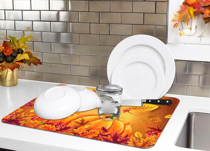 Fall Dish Drying Mat, Harvest Pumpkin Maple Leaf Kitchen Pad 18x24 Inch