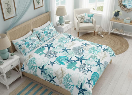 Homewish Coastal Style Bedding Sets Full Size,Shell Coral Starfish Duvet Cover Set 3Pcs for Kids Girls Boys Teens Room Decor,Ocean Beach Comforter Cover Sea Blue Nautical Quilt Cover,2 Pillowcases