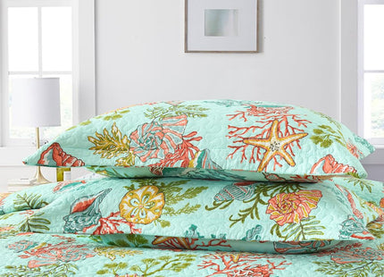 Autumn Dream Cotton Coastal Bedspread Quilt Sets Reversible Bedding Coverlet Sets Comforters, Fairytale Starfish Seashell Bedspread, Marine Green Ocean, King Size