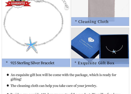 Cuoka 925 Sterling Silver with Blue Fire Opal Starfish Adjustable Bracelet, Beach Nautical Tiny Jewelry Easter Mother Day for Women Girlfriend with Box