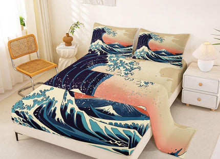 Great Wave Bed Sheets Japanese Ocean Wave Sheet Set, Mount Fuji Bed Sheet with Art Nature Home Decoration for Living Room Bedroom Dorm Decor Bedding Sheets & Pillowcases Japanese Style Top Sheet,Twin