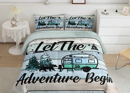 Erosebridal Camper Comforter Happy Camping Bedding Pine Tree Bear Silhouette Bedding Sets & Collections Hand Drawing Style Down Comforter Twin Size Retro Farmhouse Decor,Microfiber Lightweight Duvet