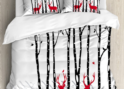 Ambesonne Antlers Duvet Cover Sets, Deer Tree Forest Holiday Theme Flying Leaves Branch Reindeer Winter Print, Bedding Set with 2 Duvet Covers & 4 Pillowcases, 2 Pack King Size, White Red