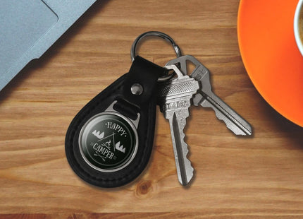 Black Leather Happy Camper with Campfire Keychain