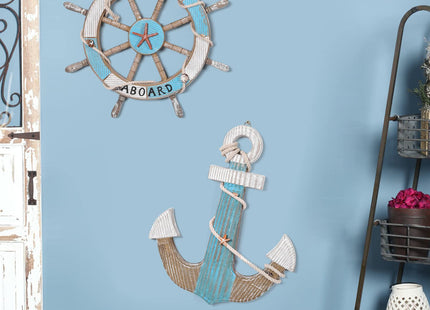 Asense Set of 2-17.4" Nautical Beach Wooden Ship Steering Wheel and 15.1" Wood Anchor with Rope, Boat Steering Rudder Wall Decor Door Hanging Ornament Beach Theme Home Decoration, Blue & White