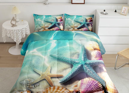 Erosebridal Ocean Beach Comforter Set Twin Teal Starfish Coastal Bedding Sets Conch Shell Sea Animal Quilt Duvet for Kids Boys Girls Summer Hawaiian Beach Holiday Comforter Green Yellow 1 Pillowcase