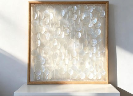 Bergamot 3D Handmade 24"x24" Capiz Shell Wall Hanging Decor, Solid Wooden Framed Coastal Wall Decor, Minimalist White Sea Shell Art for Living Room, Bedroom, Office