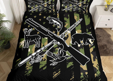 Erosebridal Hunting American Flag Bedding Set for Hunter,Camo Bear Deer Duck Twin Comforter Cover for Men Fishing Bass Fish Duvet Cover Army Green Camouflage Animals Bed Set 1 Pillow Case