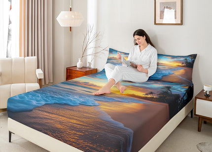 Ocean Bed Sheet Set Twin Waves Bedding Set Hawaiian Tripocal Sea Beach Fitted Sheet Soft Microfiber with 1 Pillow Sham,Sunset Ocean Beach Theme Digital Print 2 Pcs Kids Boys Girls Decor Bed Cover
