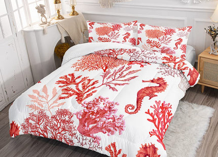 Ocean Coral Red Hippocampus Twin Comforter Set, Soft 2 Pillowcases