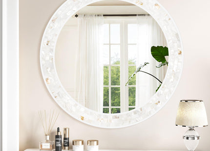 24 Inch Round Bathroom Mirror, Coastal Shell Framed Wall Decor
