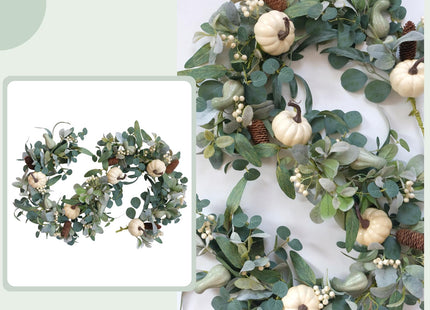 Egolot 70 Inch Fall White Pumpkin Green Leaves Garland for Front Door, Fall Green Leaves Garland with Berries Pinecone Pumpkin for Indoor Outdoor, Fall Home Decor