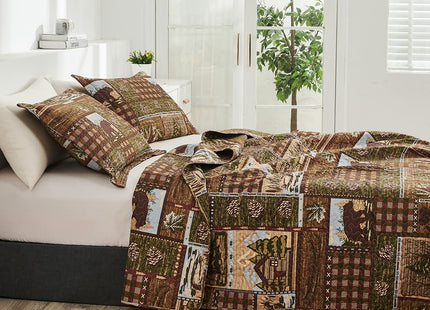 Oliven Cabin Bedding Quilt Twin Size Lodge Patchwork Quilt Set Rustic Bedspread Forest Huts Bear Duck Pine Cone Coverlet Summer Lightweight Plaid Bed Cover Pillow Shams