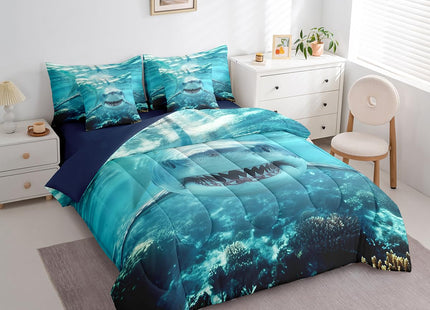 Erosebridal Shark Comforter Set Twin 3D Shark 7 Piece Bedding Set for Kids,Marine Ocean Animal Bedding Sets Shark Fish Reversible Room Decor Underwater Ocean World Quilt with Flat Fitted Sheet
