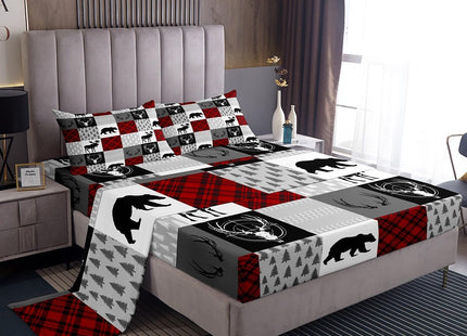 Plaid Deer Bear Bed Sheet Set Twin Size,Wild Animal Arrow Hunting Antler Patchwork Fitted Sheet with 1 Flat + 1 Pillow Sham,Rustic Red Buffalo Grid Bedding Set for Kids Boys Bedroom Decor