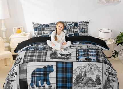 Hunting Wolf Bear Deer Bedding Set For Kids Boys Retro Blue Black Grey Plaid Buffalo Plaid Lodge Comforter Cover King Rustic Farmhouse Cabin Duvet Cover Woodland Animal Bed Set 2 Pillow Cases